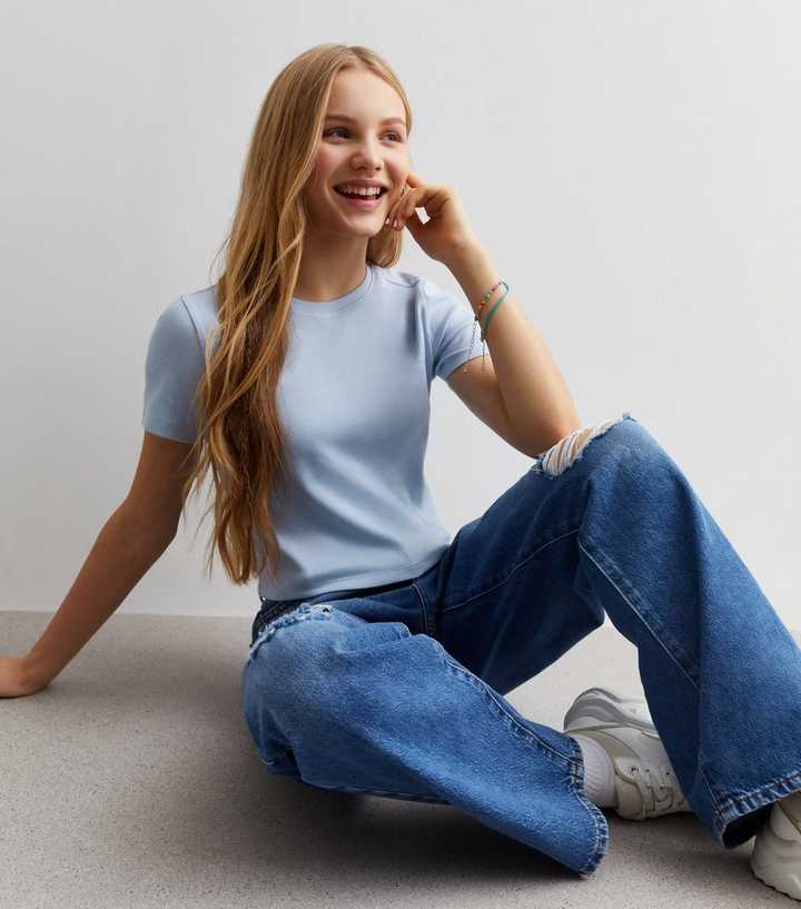 Girls Blue Ribbed Crew Neck T-Shirt