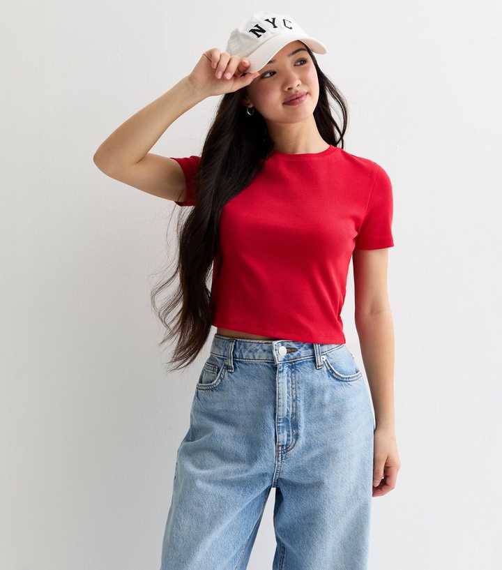 Girls Red Ribbed Crew Neck T-Shirt