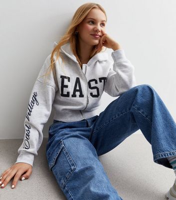 Girls Grey East Logo Zip Up Crop Hoodie