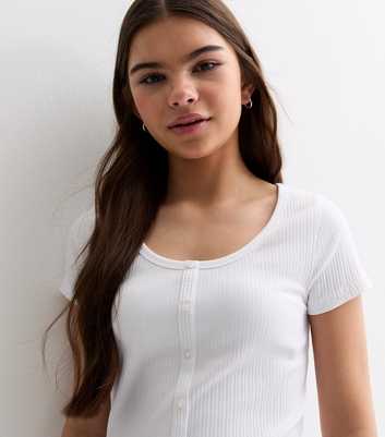 Girls White Ribbed Scoop Neck Button Front Top