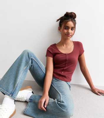 Girls Burgundy Ribbed Scoop Neck Button Front Top