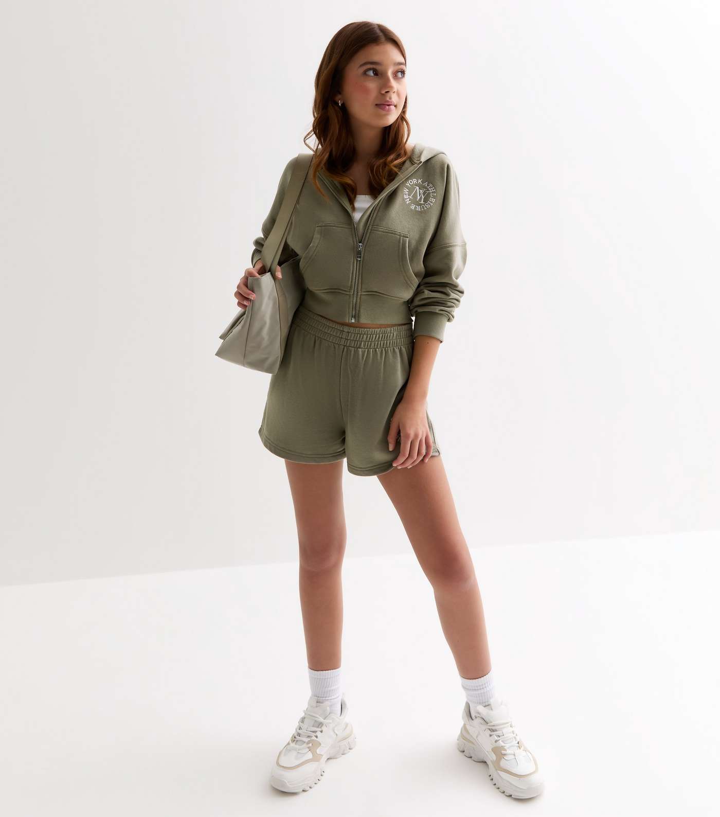 Girls Khaki NY Embroidered Crop Hoodie Image 3