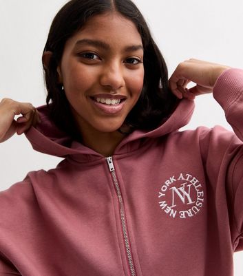 Girls Deep Pink NY Embroidered Crop Hoodie New Look