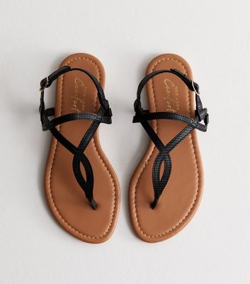 Black Leather Look Twist Toe Post Sandals New Look