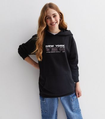 Girls Black New York Logo Longline Hoodie New Look