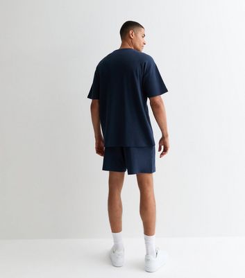 Men's Navy Relaxed Fit Drawstring Waffle Shorts New Look