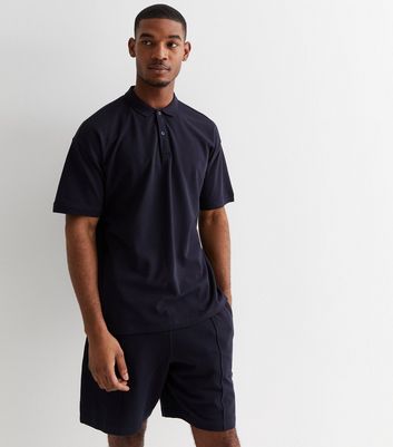Men's Navy Cotton Pintuck Drawstring Shorts New Look