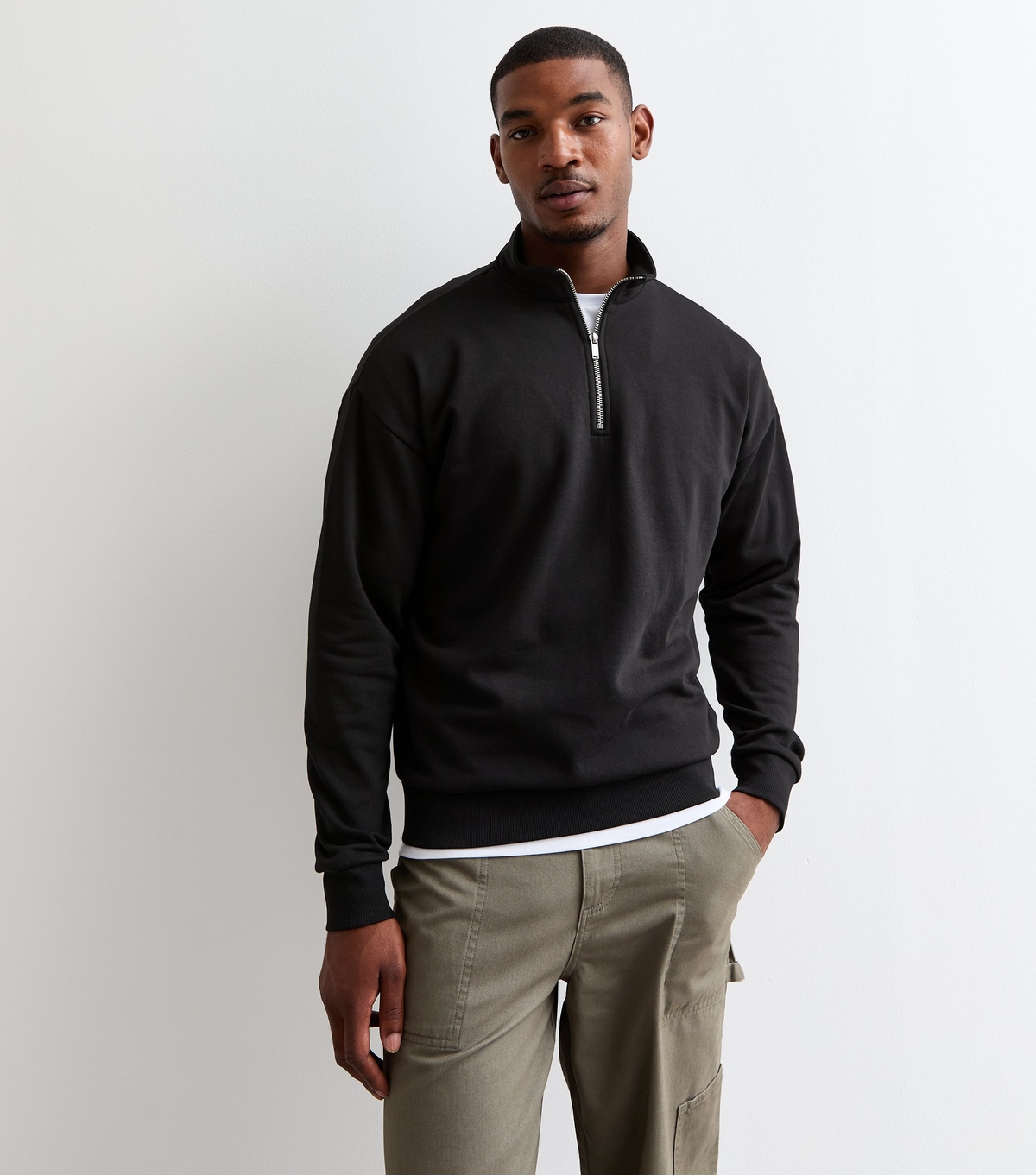 Men's Black Relaxed Quarter Zip Sweatshirt New Look