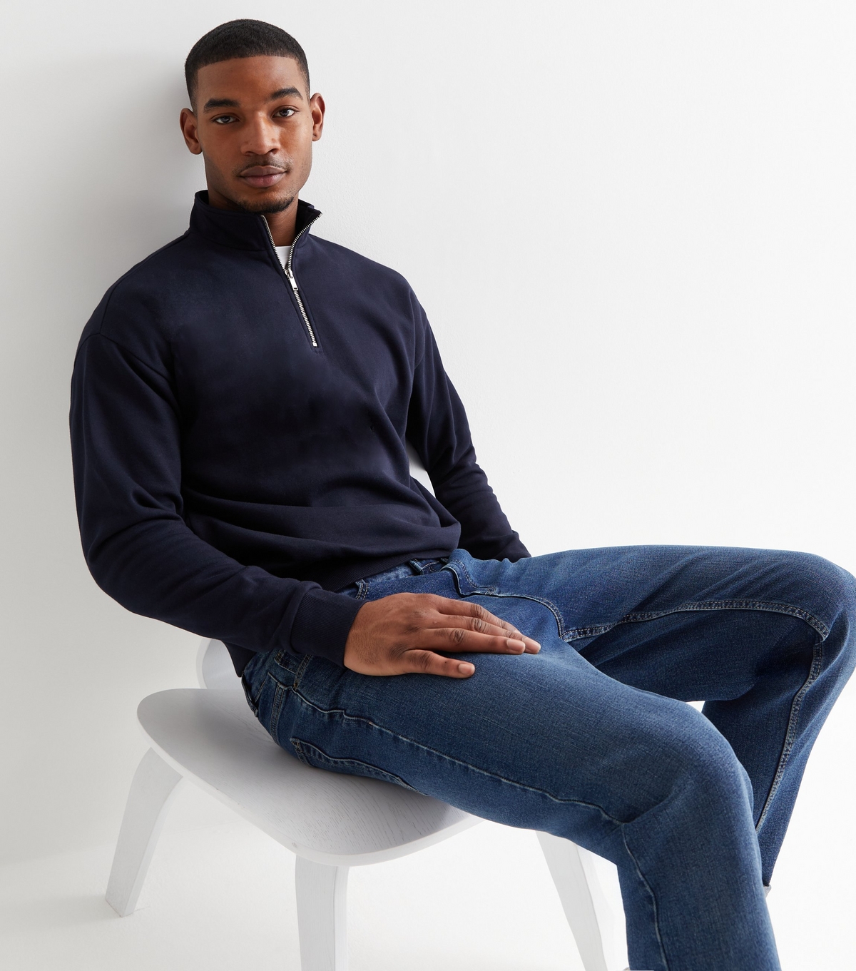 Men's Navy Relaxed Quarter Zip Sweatshirt New Look