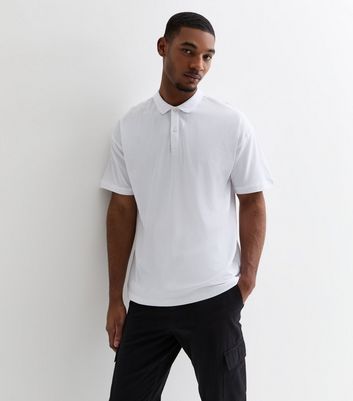Men's White Pique Cotton Oversized Polo Shirt New Look