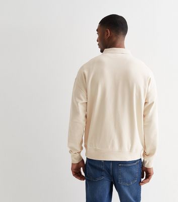 Men's Off White 1/4 Zip Polo Sweatshirt New Look