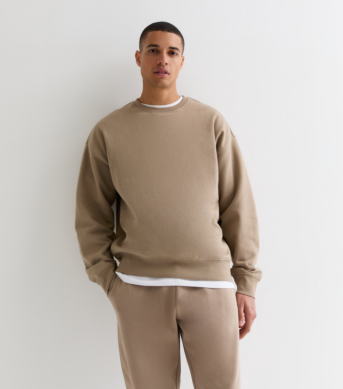 Men's Stone Oversized Crew Neck Sweatshirt New Look