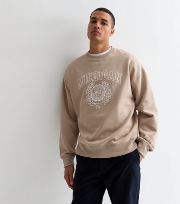 Men's Stone Michigan Oversized Sweatshirt New Look