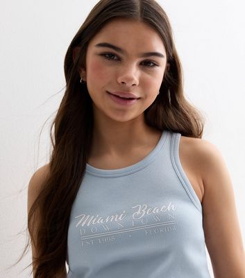 Girls Pale Blue Ribbed Miami Beach Logo Racer Vest New Look