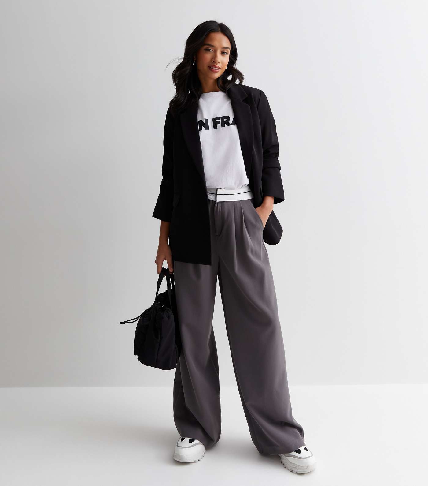 Petite Grey Contrast Waistband Trousers Image 3