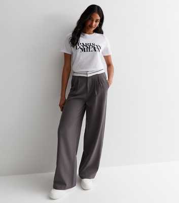 Grey Contrast Waistband Wide Leg Trousers