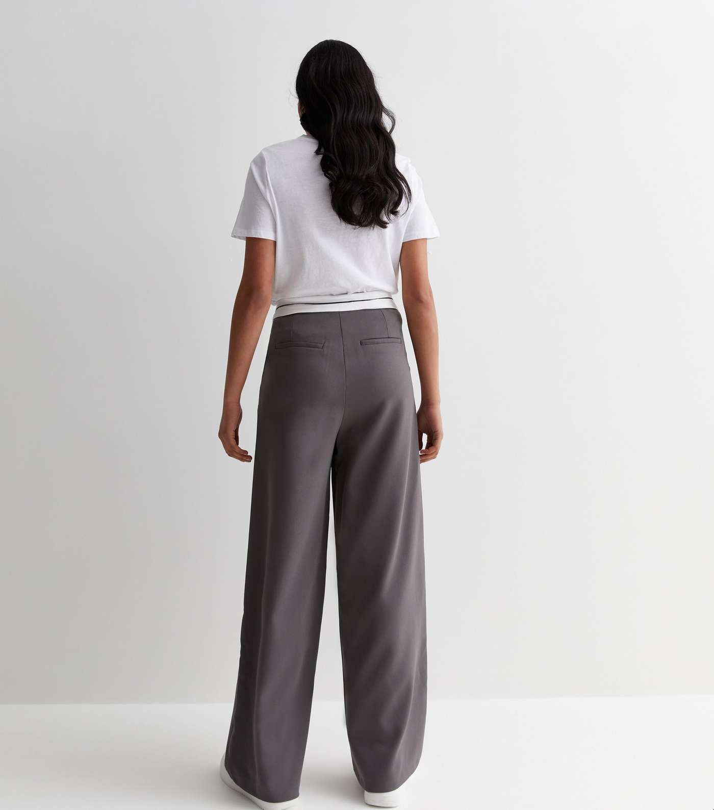Grey Contrast Waistband Wide Leg Trousers Image 4