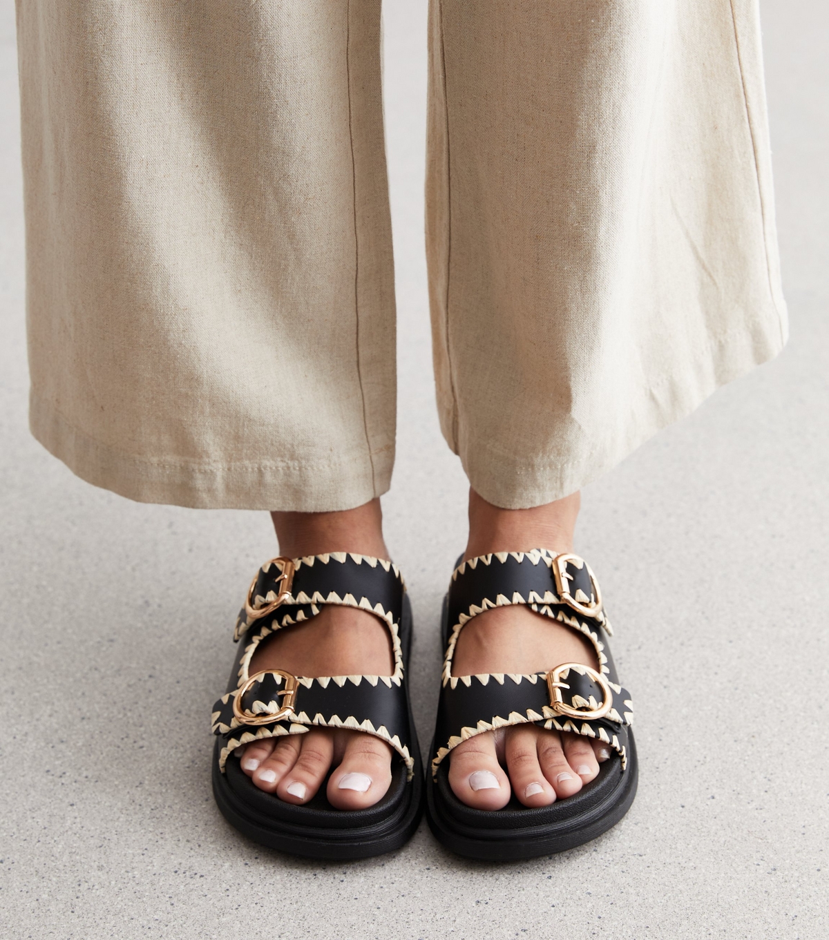Women's Black Whipstitch Chunky Sliders New Look