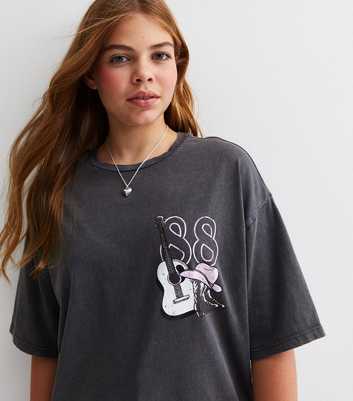 Girls Dark Grey Cotton Western Era Logo Oversized T-Shirt