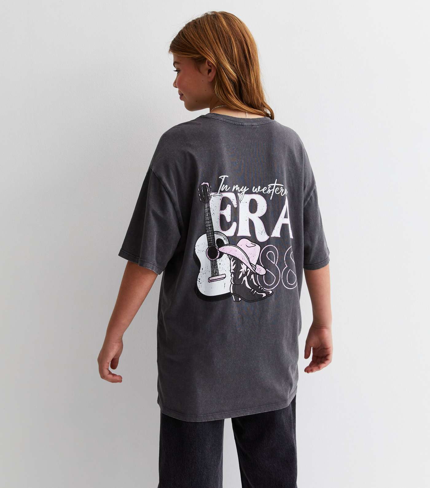 Girls Dark Grey Cotton Western Era Logo Oversized T-Shirt Image 5