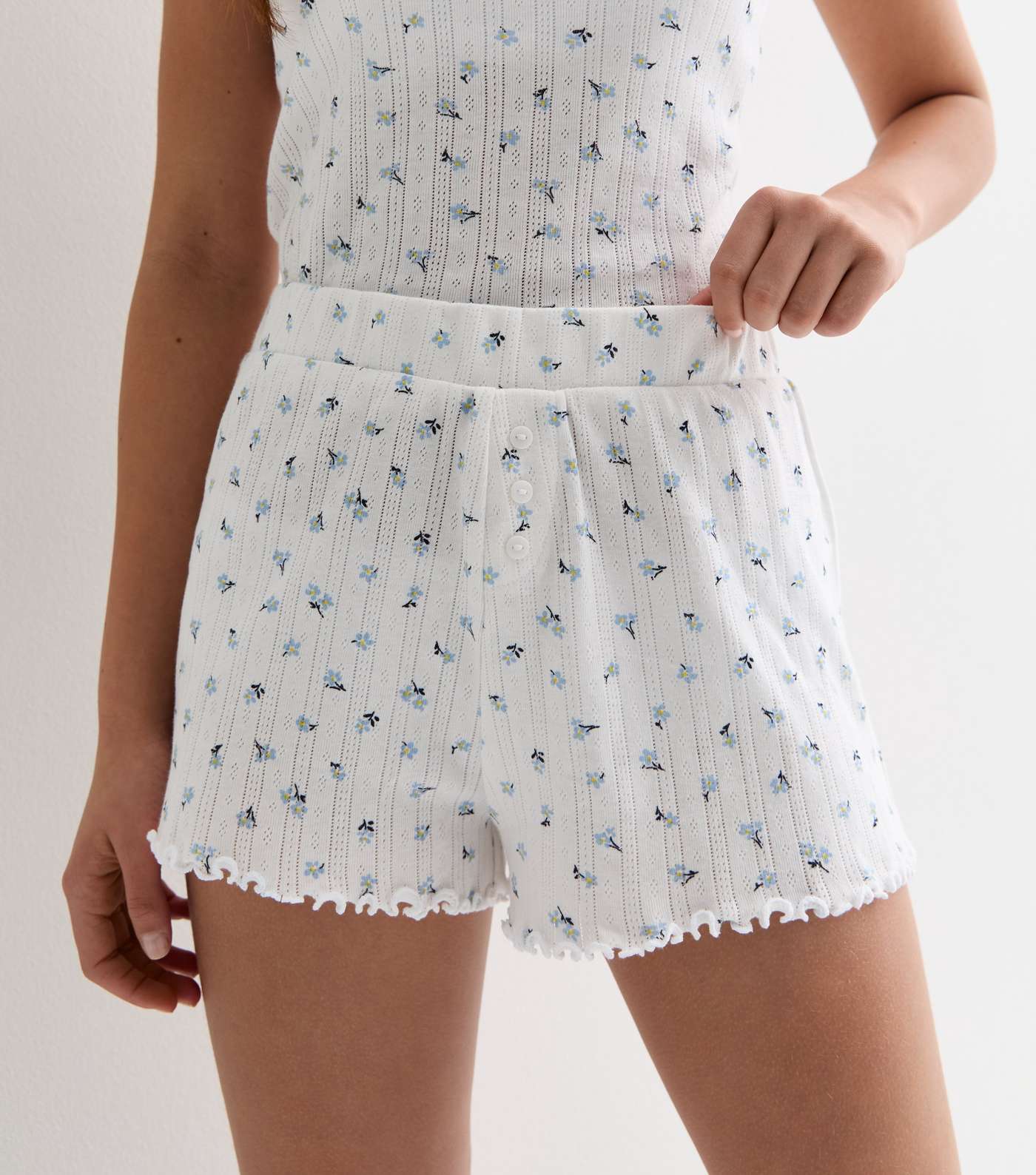Girls White Ditsy Floral Pointelle Cotton Cami Pyjama Set Image 3