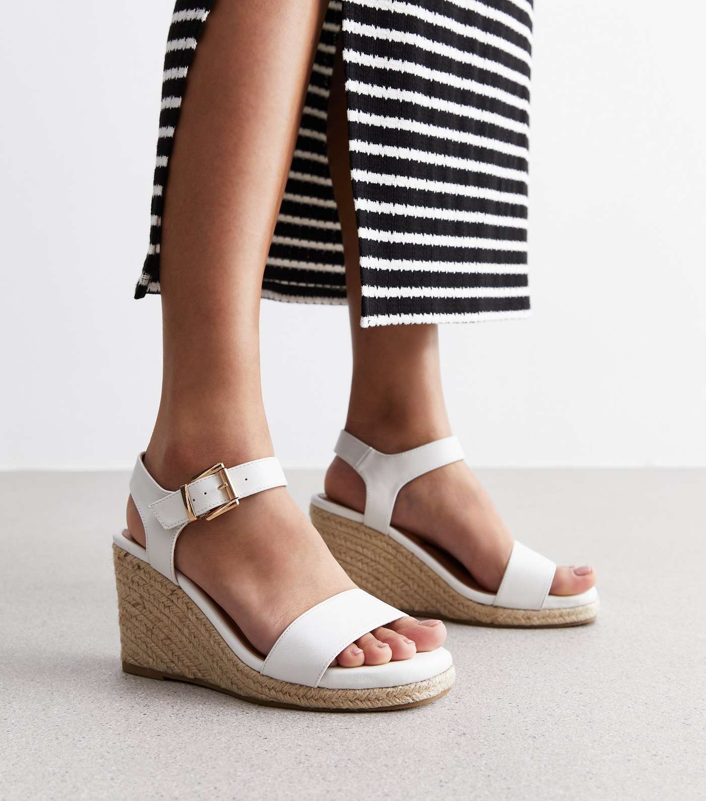 Wide Fit White Leather-Look Espadrille Wedge Heel Sandals Image 2