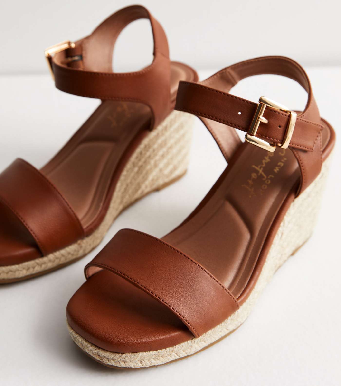 Wide Fit Tan Leather-Look Espadrille Wedge Heel Sandals Image 4