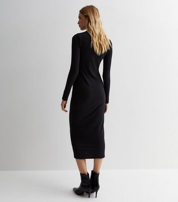 Black Ribbed Knit Collared Midaxi Dress New Look