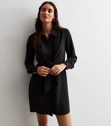 Black Tie Front Long Sleeve Mini Shirt Dress