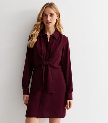 Burgundy Tie Front Long Sleeve Mini Shirt Dress New Look