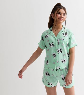 Girls Mint Green Revere Short Pyjama Set with Frenchie Print New Look