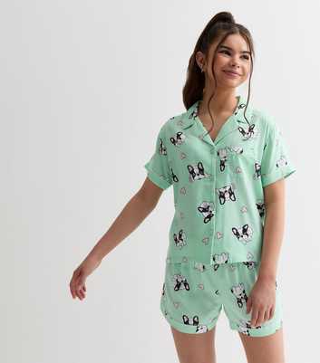 Girls Mint Green Revere Short Pyjama Set with Frenchie Print
