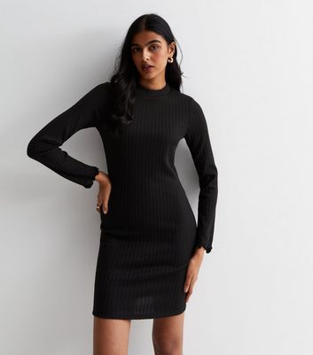 Black Ribbed High Neck Long Sleeve Mini Dress | New Look