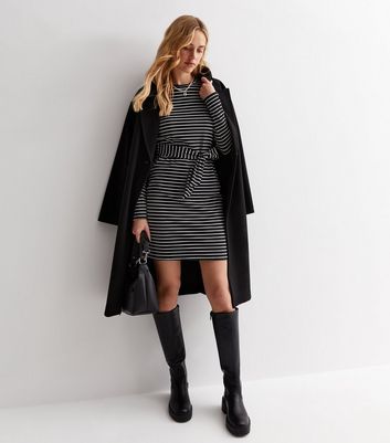 Black Stripe Ribbed Jersey Belted Mini Dress New Look