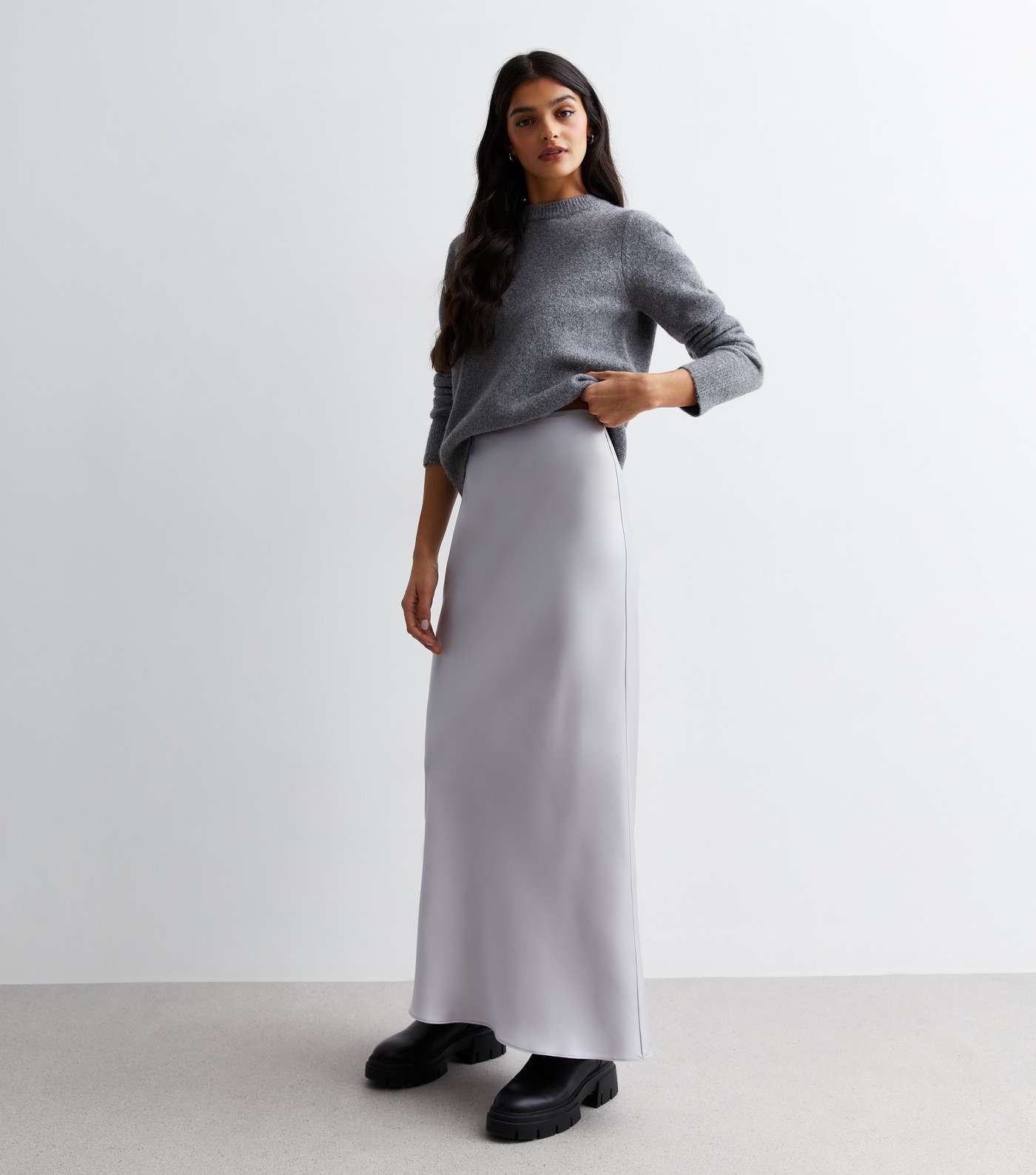 Silver Satin Bias Cut Maxi Skirt Image 2