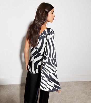 Black Zebra Print Satin One Shoulder Top New Look