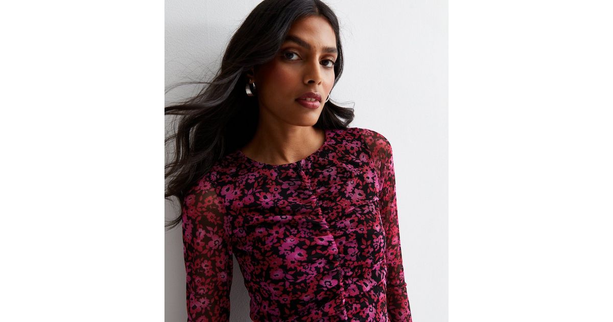 Fun Memories Floral Ruched Front Top with Ruffle Cap Sleeves in Blue Mix main image 0