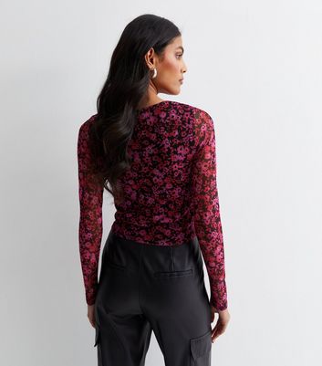 Black Floral Ruched Front Top New Look