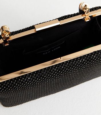 Black Beaded Box Clutch Bag New Look