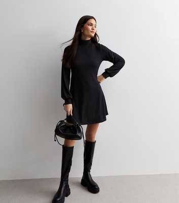 Black Ribbed Jersey High Neck Mini Dress