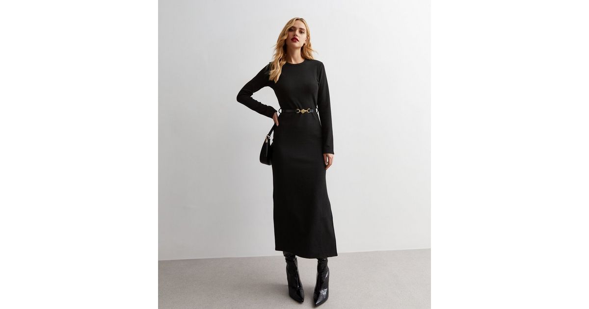 Black Ribbed Jersey Belted Midaxi Dress | New Look