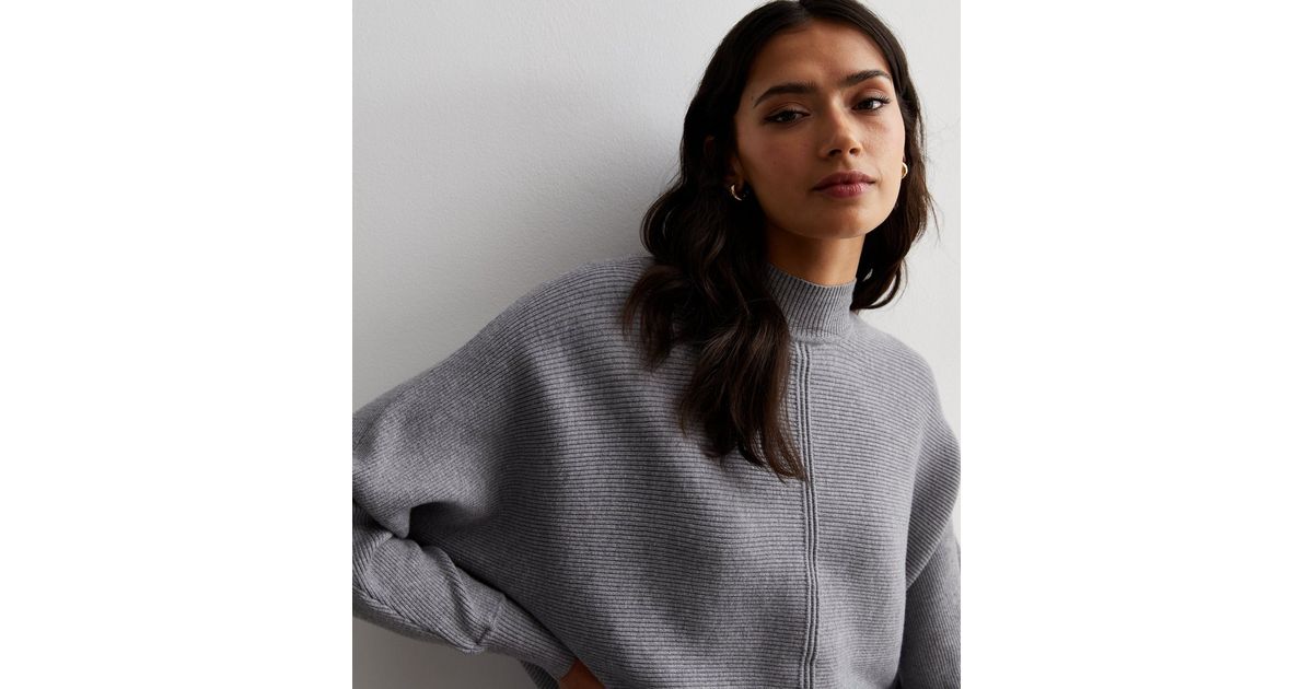 Grey Ribbed Batwing Stand Neck Jumper New Look