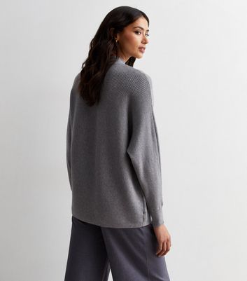 Grey Ribbed Batwing Stand Neck Jumper New Look