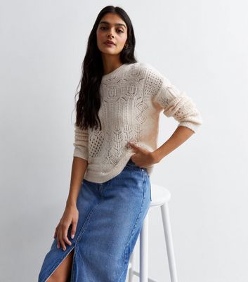 Cream Patchwork Stitch Knit Crew Neck Jumper | New Look