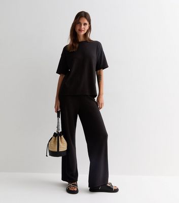 Black Ribbed Knit Trousers New Look