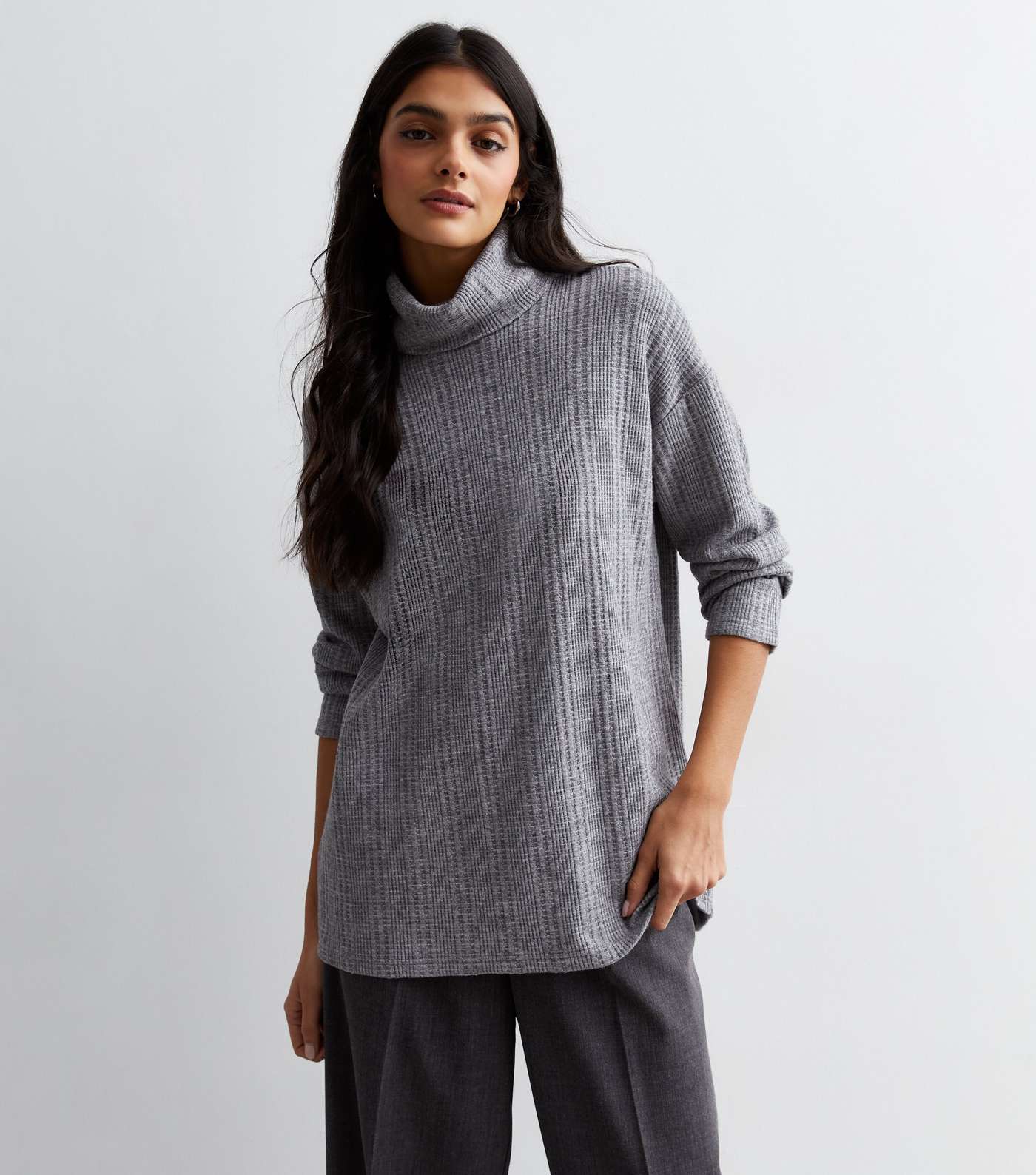 Grey Textured Fine Knit Roll Neck Longline Jumper Image 2