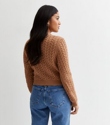 Petite Camel Cable Knit Crop Jumper New Look