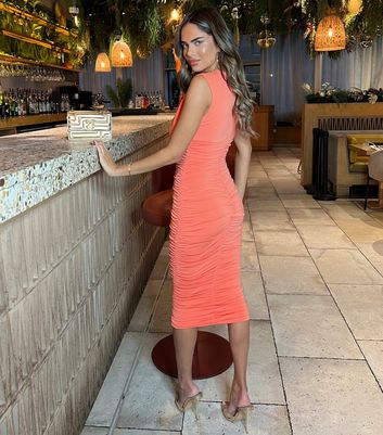 AX Paris Coral Ruched Bodycon Midi Dress New Look