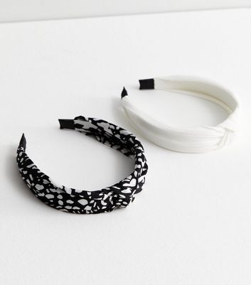 2 Pack Black Abstract Print and White Headbands New Look