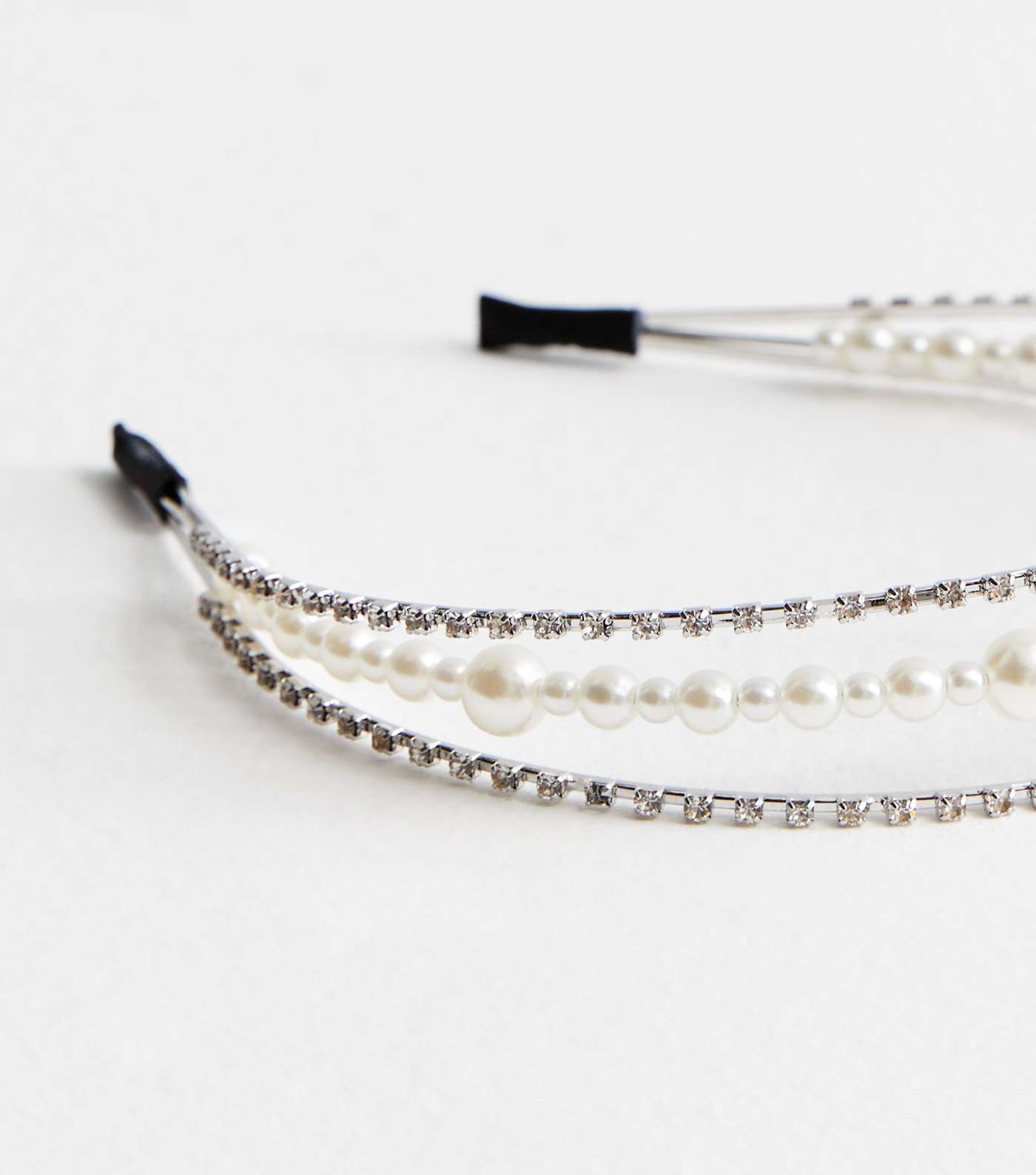 Silver Triple Row Diamanté and Faux Pearl Headband Image 3